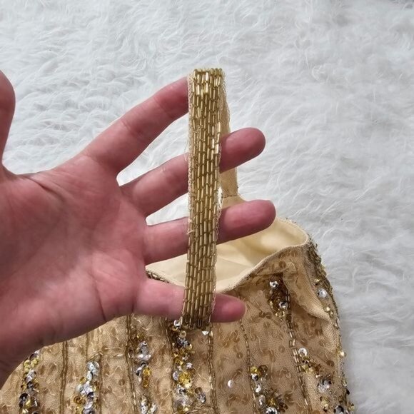 MAC DUGGAL Square Neck Golden Striped Sequin Sleeveless Midi Dress 8 - Picture 11 of 12